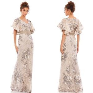 Mac Duggal 67842 Bell Sleeve Floral Embellished Formal Event Gown, Taupe Size 4